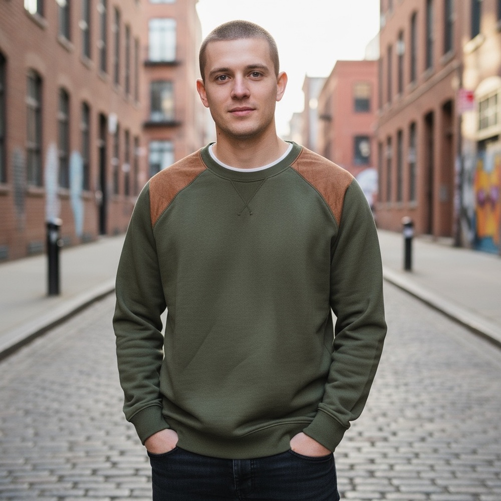 H&M Men's Olive Sweatshirt with Brown Shoulder Panels